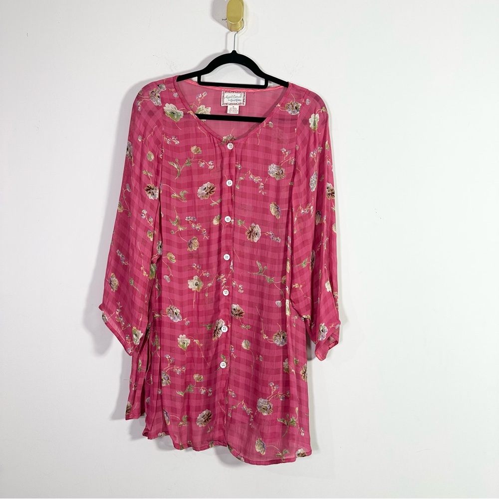 April Cornell Vintage Pink Checkered Floral V-Neck Semi-Sheer Button Down